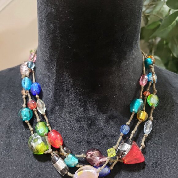 Womens Fashion Triple Strand Multicolor Rhinestones Beaded Charm Necklace - Picture 4 of 6